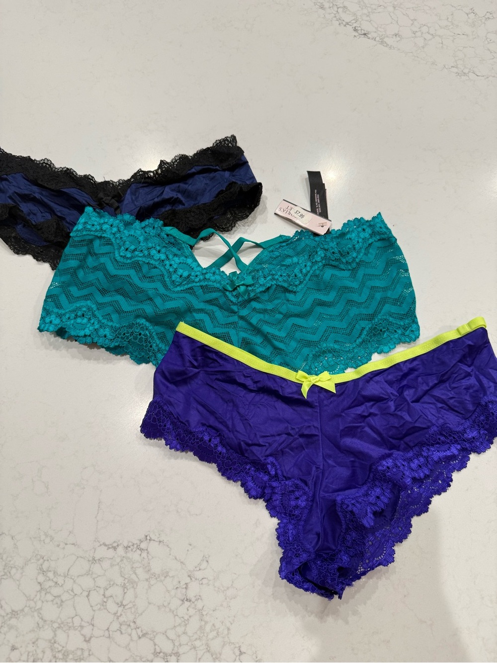 Victoria's Secret Teal, Purple & Black Lace Panty Set (3) pairs all size small